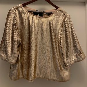 J Crew Gold sequin ribbon tie back top
